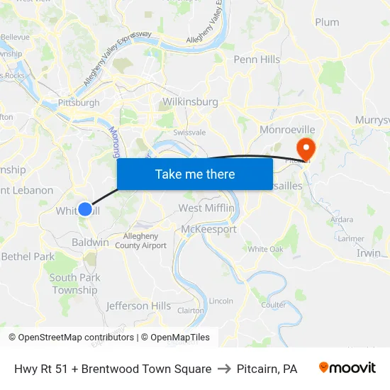Hwy Rt 51 + Brentwood Town Square to Pitcairn, PA map