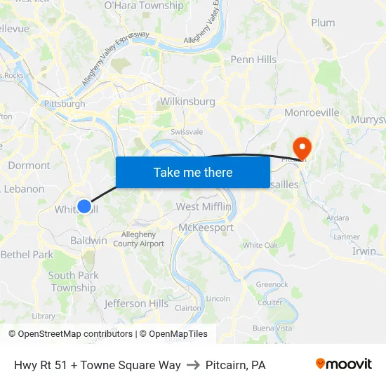 Hwy Rt 51 + Towne Square Way to Pitcairn, PA map