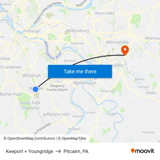 Keeport + Youngridge to Pitcairn, PA map