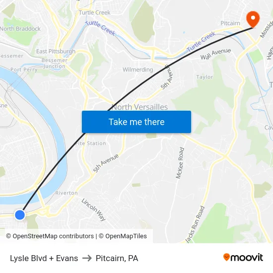 Lysle Blvd + Evans to Pitcairn, PA map