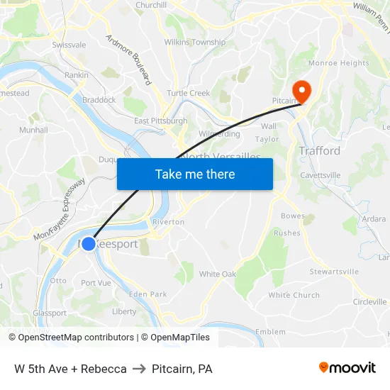 W 5th Ave + Rebecca to Pitcairn, PA map