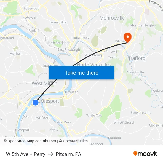W 5th Ave + Perry to Pitcairn, PA map