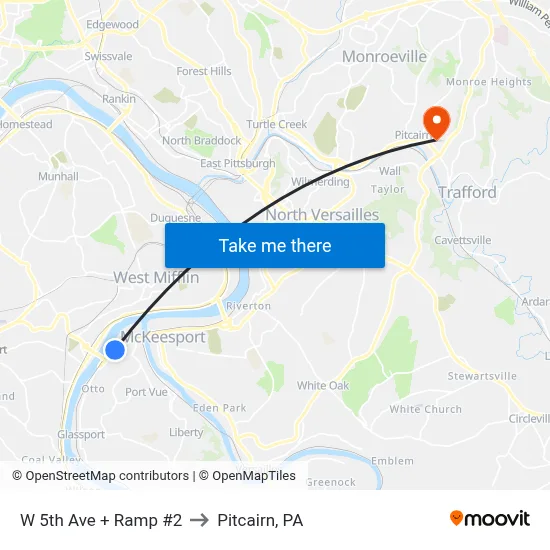 W 5th Ave + Ramp #2 to Pitcairn, PA map