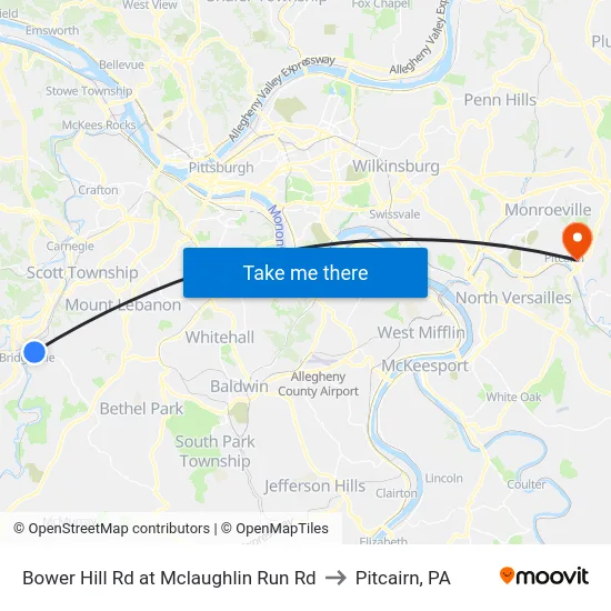 Bower Hill Rd at Mclaughlin Run Rd to Pitcairn, PA map