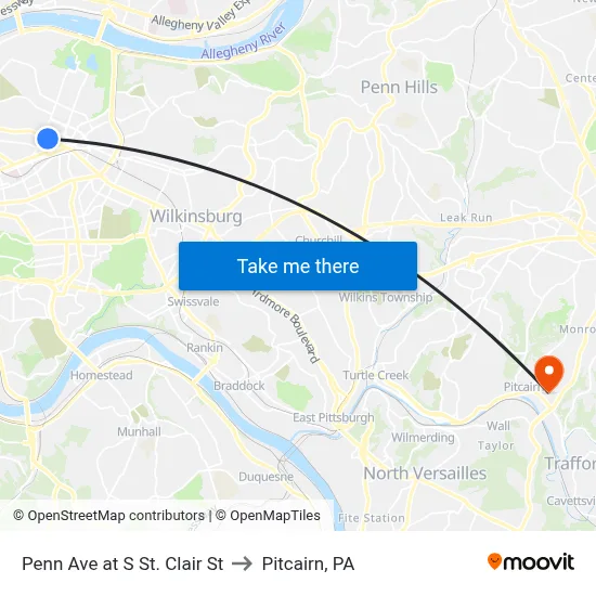 Penn Ave at S St. Clair St to Pitcairn, PA map