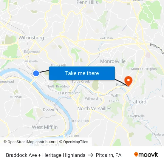 Braddock Ave + Heritage Highlands to Pitcairn, PA map