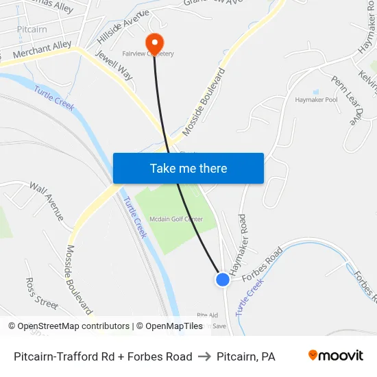Pitcairn-Trafford Rd + Forbes Road to Pitcairn, PA map