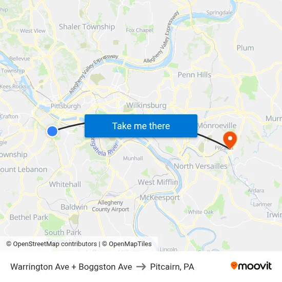 Warrington Ave + Boggston Ave to Pitcairn, PA map