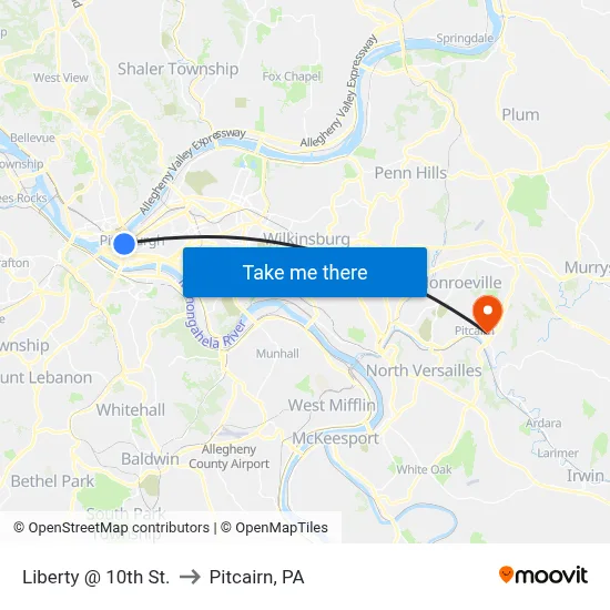 Liberty @ 10th St. to Pitcairn, PA map