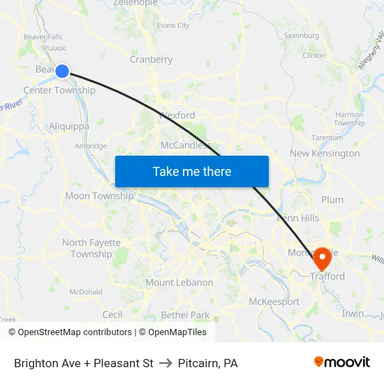 Brighton Ave + Pleasant St to Pitcairn, PA map