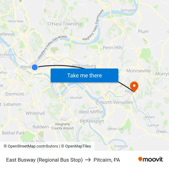 East Busway (Regional Bus Stop) to Pitcairn, PA map