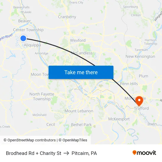 Brodhead Rd + Charity St to Pitcairn, PA map