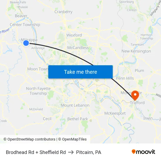 Brodhead Rd + Sheffield Rd to Pitcairn, PA map