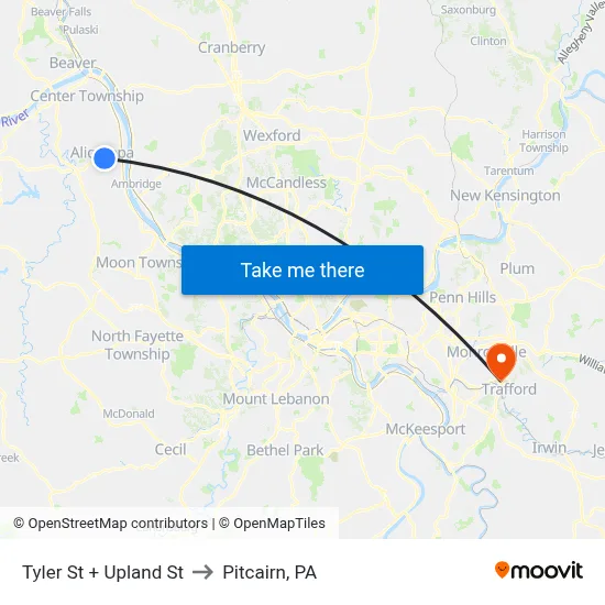 Tyler St + Upland St to Pitcairn, PA map