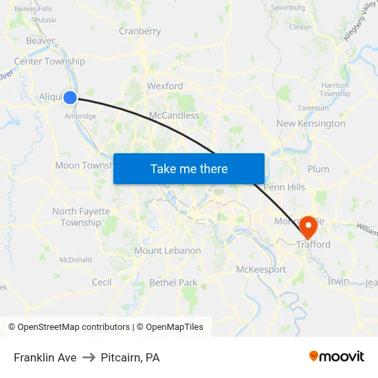Franklin Ave to Pitcairn, PA map