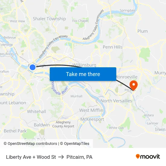 Liberty Ave + Wood St to Pitcairn, PA map
