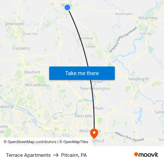 Terrace Apartments to Pitcairn, PA map