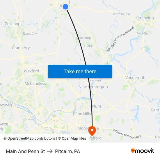 Main And Penn St to Pitcairn, PA map
