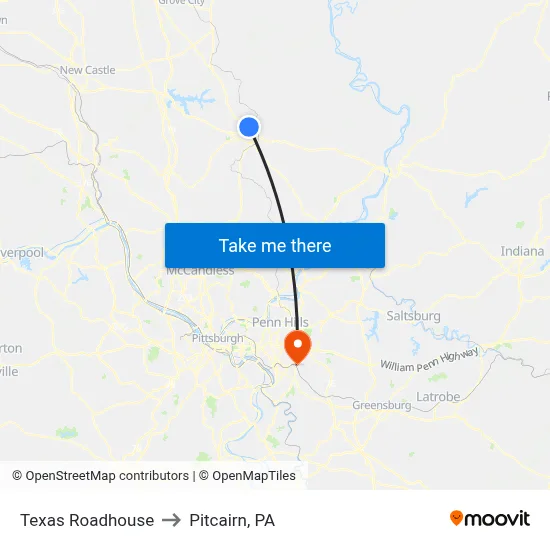 Texas Roadhouse to Pitcairn, PA map