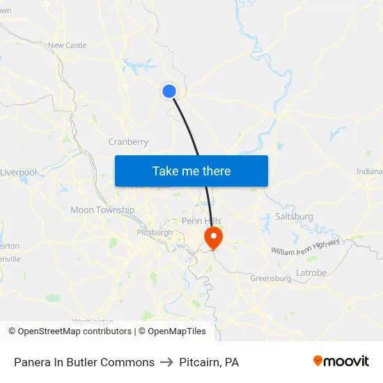 Panera In Butler Commons to Pitcairn, PA map