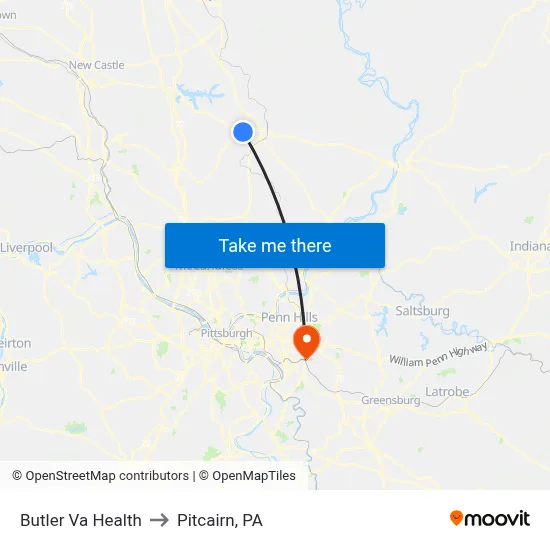 Butler Va Health to Pitcairn, PA map