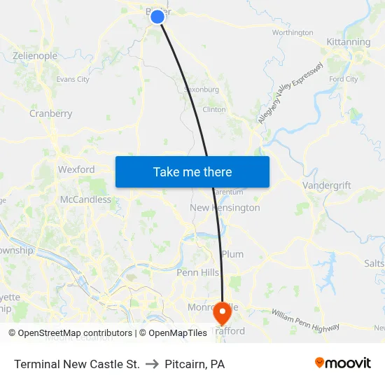Terminal New Castle St. to Pitcairn, PA map