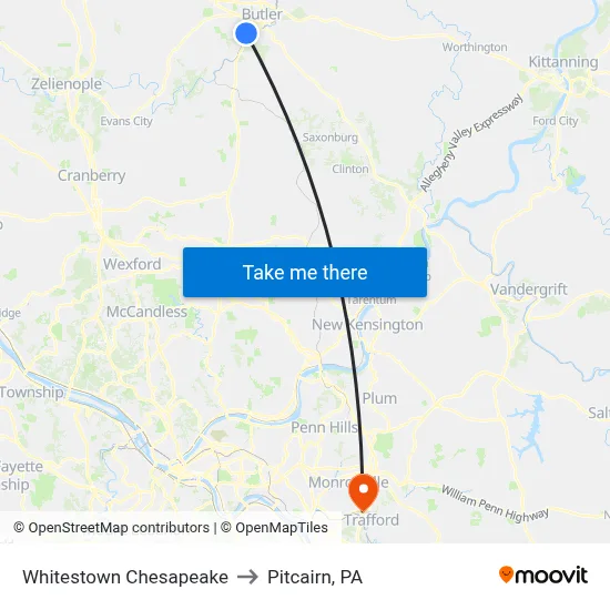 Whitestown Chesapeake to Pitcairn, PA map