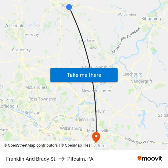 Franklin And Brady St. to Pitcairn, PA map
