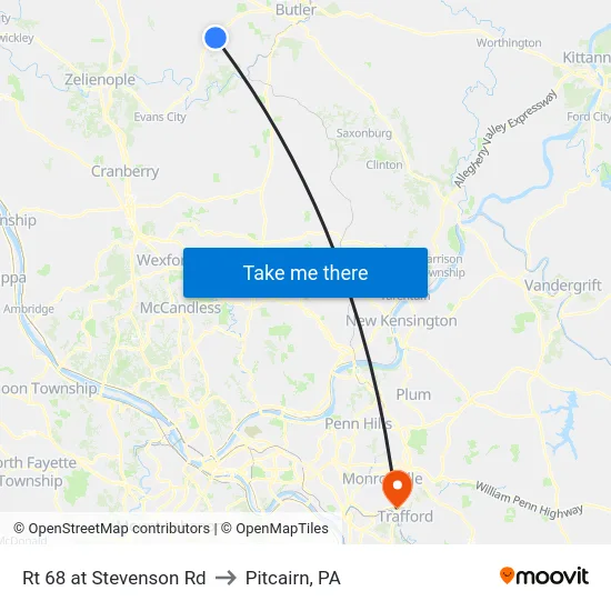 Rt 68 at Stevenson Rd to Pitcairn, PA map