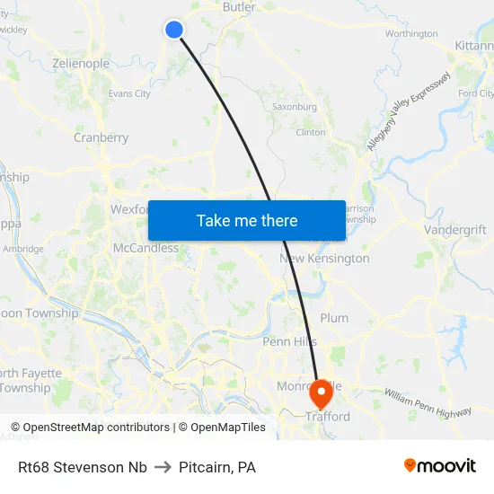 Rt68 Stevenson Nb to Pitcairn, PA map