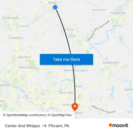Center And Whippo to Pitcairn, PA map
