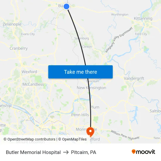 Butler Memorial Hospital to Pitcairn, PA map