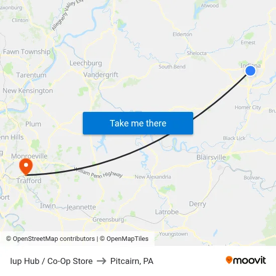 Iup Hub / Co-Op Store to Pitcairn, PA map