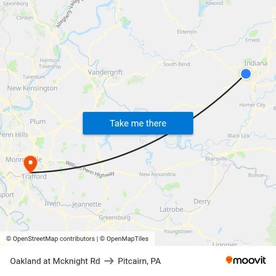Oakland at Mcknight Rd to Pitcairn, PA map