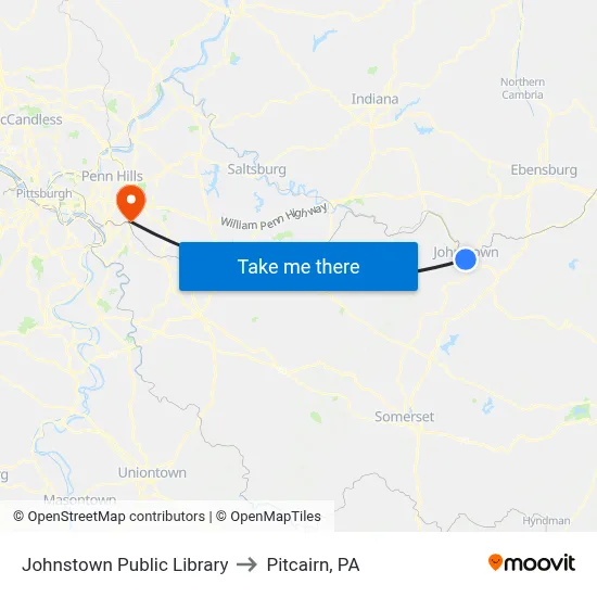Johnstown Public Library to Pitcairn, PA map
