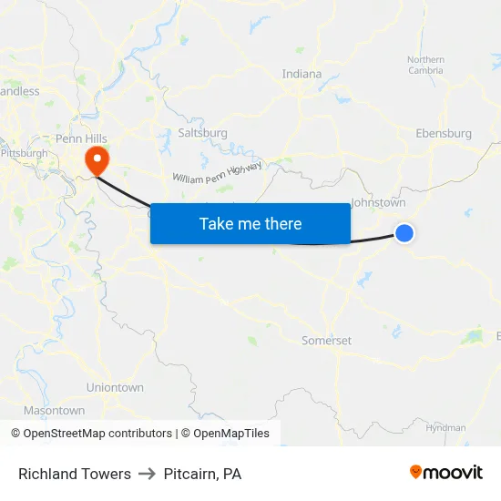 Richland Towers to Pitcairn, PA map