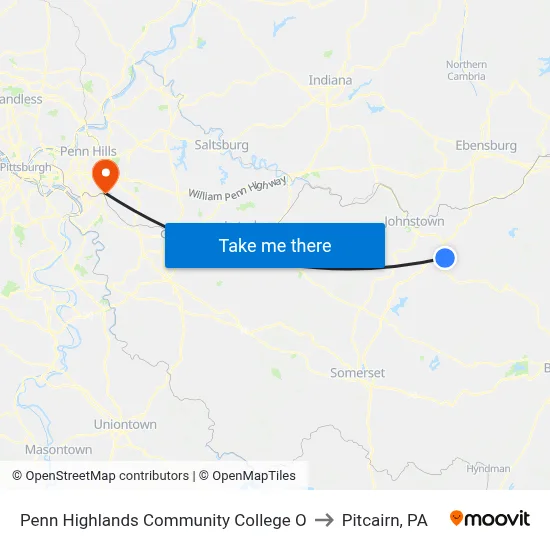 Penn Highlands Community College O to Pitcairn, PA map