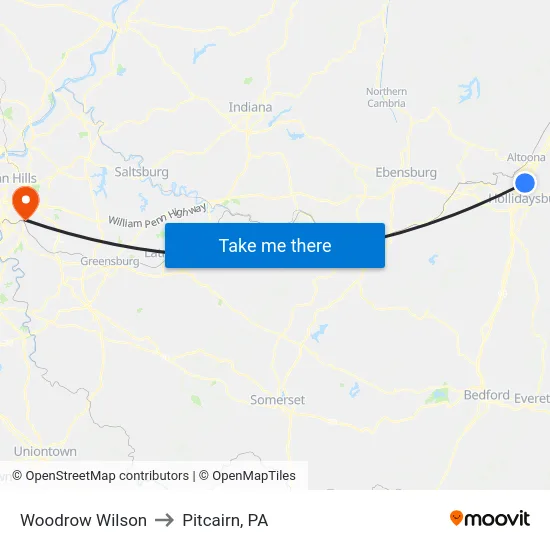 Woodrow Wilson to Pitcairn, PA map