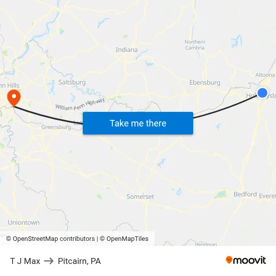 T J Max to Pitcairn, PA map