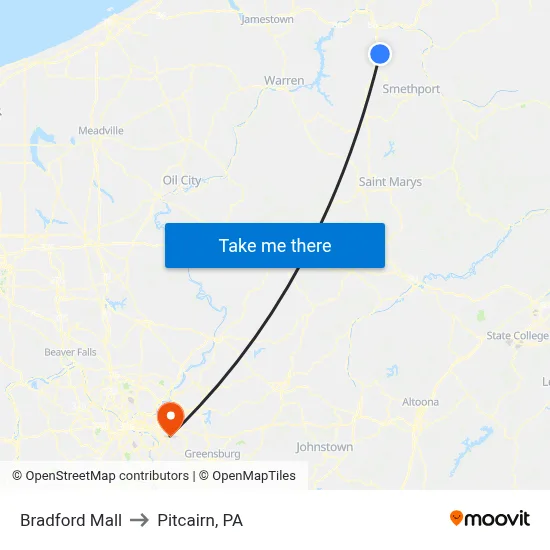Bradford Mall to Pitcairn, PA map