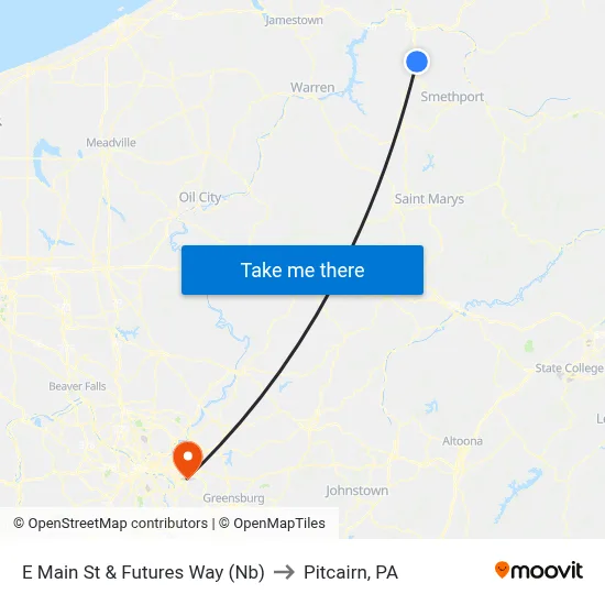 E Main St & Futures Way (Nb) to Pitcairn, PA map