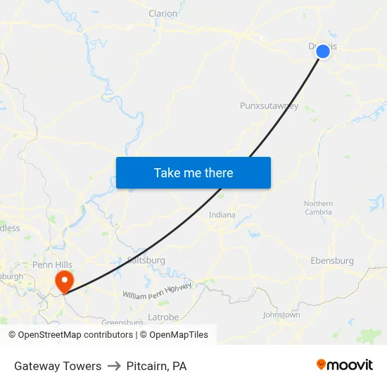 Gateway Towers to Pitcairn, PA map