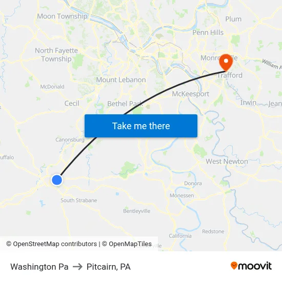Washington Pa to Pitcairn, PA map