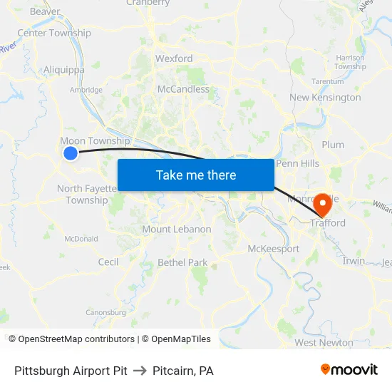 Pittsburgh Airport Pit to Pitcairn, PA map