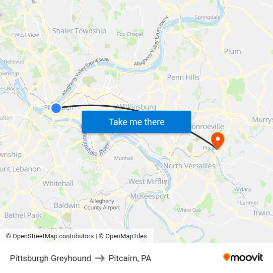 Pittsburgh Greyhound to Pitcairn, PA map