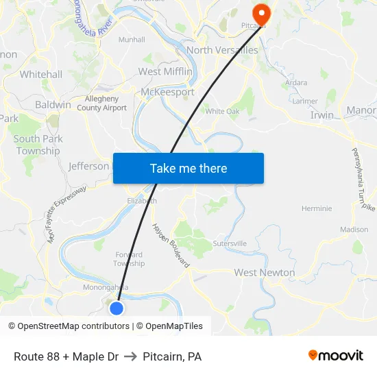 Route 88 + Maple Dr to Pitcairn, PA map