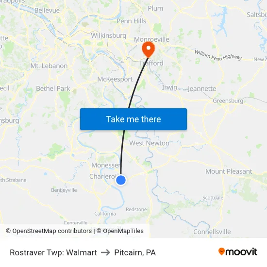 Rostraver Twp: Walmart to Pitcairn, PA map