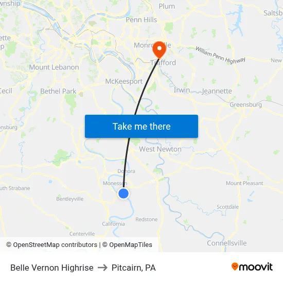 Belle Vernon Highrise to Pitcairn, PA map
