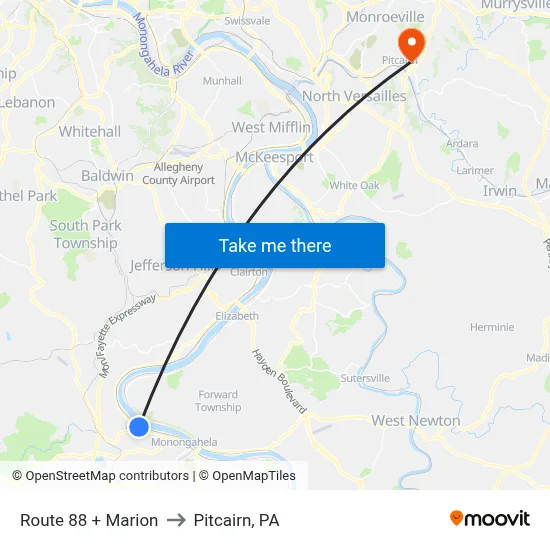 Route 88 + Marion to Pitcairn, PA map