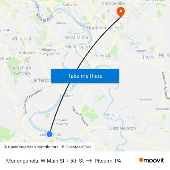 Monongahela: W Main St + 5th St to Pitcairn, PA map